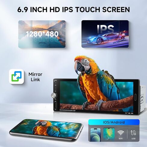 6.9 '' Stereo Single Din Car مع Carplay Wireless Android Auto ، 1280 * 480 HD Radio Radio Bluetooth 5.2 ، Link Link ، FM ، SWC ، Type C/USB Charging + Camera Backup + MIC in Kuwait