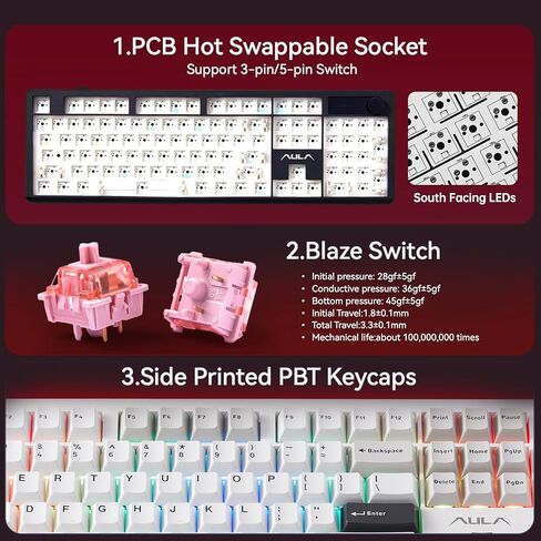 Aula F106 PRO Wireless Mechanical Keyboard ، 104 مفاتيح لوحة مفاتيح ألعاب مع مقبض وشاشة ، Tri -mode RGB Hot Swappable Sounding Computer Boards للكمبيوتر/الكمبيوتر المحمول - Windows - Red Red Black in Kuwait
