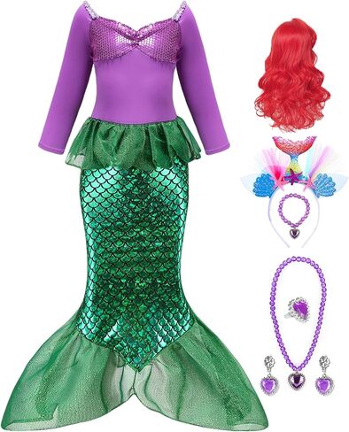 Oumbivil Little Mermaid Ariel Costume for Grils Halloween Costumes Princess Dress Cosplay with Wig,Headband,Necklace Gloves in Saudi Arabia