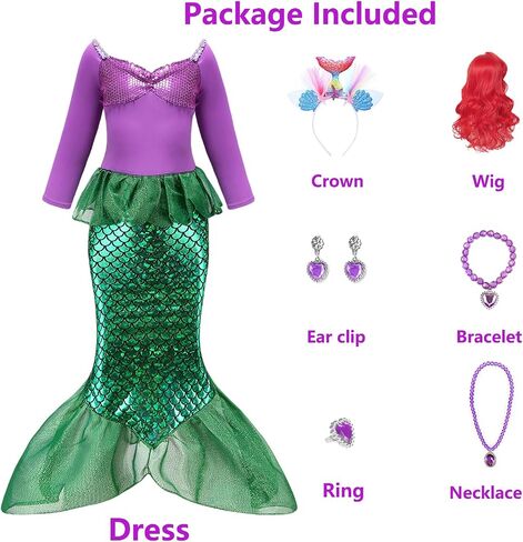 Oumbivil Little Mermaid Ariel Costume for Grils Halloween Costumes Princess Dress Cosplay with Wig,Headband,Necklace Gloves in Saudi Arabia