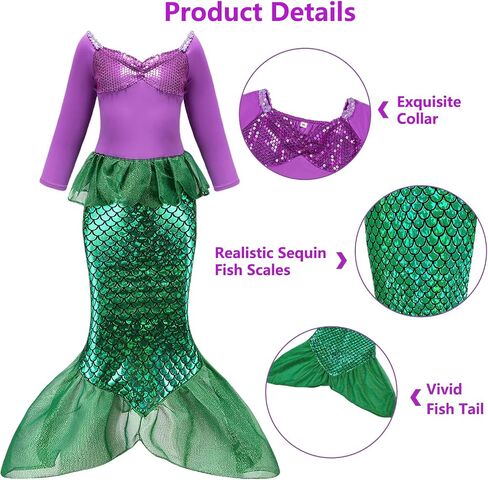 Oumbivil Little Mermaid Ariel Costume for Grils Halloween Costumes Princess Dress Cosplay with Wig,Headband,Necklace Gloves in Saudi Arabia