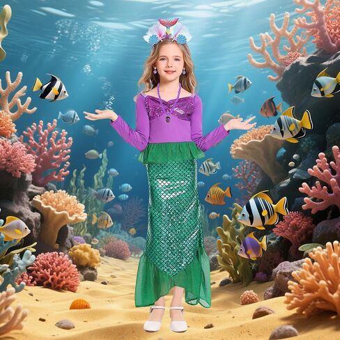 Oumbivil Little Mermaid Ariel Costume for Grils Halloween Costumes Princess Dress Cosplay with Wig,Headband,Necklace Gloves in Saudi Arabia