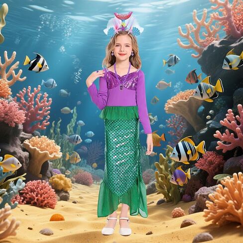 Oumbivil Little Mermaid Ariel Costume for Grils Halloween Costumes Princess Dress Cosplay with Wig,Headband,Necklace Gloves in Saudi Arabia