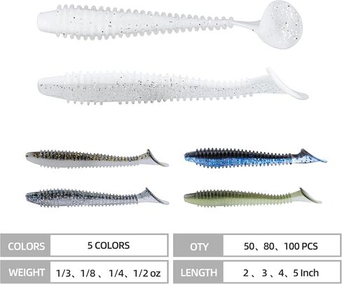 Paddle Tail Swimbaits 100/80/50PCS, 5/4/3/2 inch Soft Plastic Fishing Baits Bulk Pack – Durable Lifelike Action Lures for Bass, Trout, Crappie – Freshwater & Saltwater Fishing Gifts in Kuwait