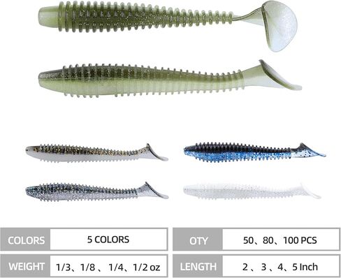 Paddle Tail Swimbaits 100/80/50PCS, 5/4/3/2 inch Soft Plastic Fishing Baits Bulk Pack – Durable Lifelike Action Lures for Bass, Trout, Crappie – Freshwater & Saltwater Fishing Gifts in Kuwait
