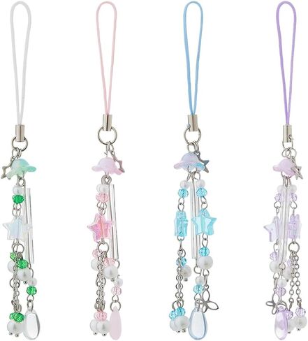 4pcs سحر الهاتف لطيف 4 ألوان acrylic star flower beads أحزمة الهاتف المحمول مع زنبق حبل nylon من أحزمة الهاتف الوادي سحر y2k الملحقات لصالح الكاميرا الرئيسية للكاميرا. in Kuwait