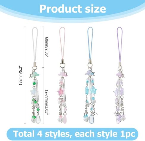 4pcs سحر الهاتف لطيف 4 ألوان acrylic star flower beads أحزمة الهاتف المحمول مع زنبق حبل nylon من أحزمة الهاتف الوادي سحر y2k الملحقات لصالح الكاميرا الرئيسية للكاميرا. in Kuwait