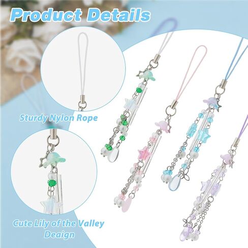 4pcs سحر الهاتف لطيف 4 ألوان acrylic star flower beads أحزمة الهاتف المحمول مع زنبق حبل nylon من أحزمة الهاتف الوادي سحر y2k الملحقات لصالح الكاميرا الرئيسية للكاميرا. in Kuwait