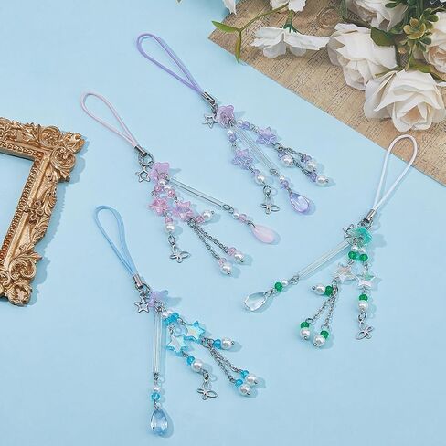 4pcs سحر الهاتف لطيف 4 ألوان acrylic star flower beads أحزمة الهاتف المحمول مع زنبق حبل nylon من أحزمة الهاتف الوادي سحر y2k الملحقات لصالح الكاميرا الرئيسية للكاميرا. in Kuwait