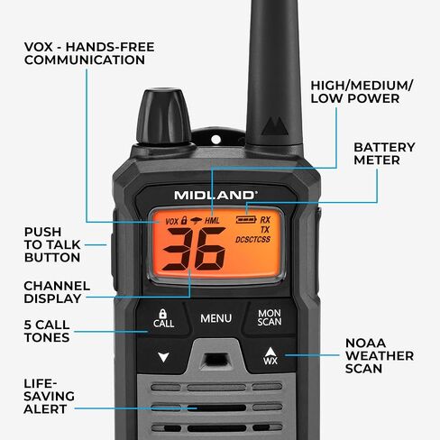 Midland T290VP4 GMRS عالية الطاقة ثنائية الاتجاه | اتصال طويل المدى مع 36 قناة و 121 رموز الخصوصية | تصميم متين ، مقاوم للماء للمغامرات في الهواء الطلق in Kuwait