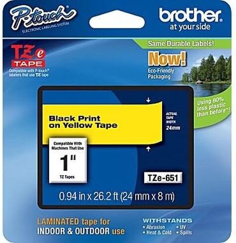 Brother TZe-651 24mm (1 ), Length of 8M, Black on Yellow Label Tape in Saudi Arabia