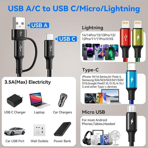 6 in 1 Multi Charging Cable, USBA/C Universal Charging Cords, 2 Pack 10Ft in Kuwait