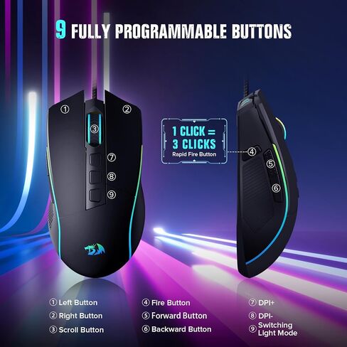 Redragon Gaming Mouse, Wired Gaming Mouse 16,000 DPI Opitacl Sensor, Mouse with Fire Button, Macro Editing Programmable RGB Ergonomic Mouse for Laptap/PC/Mac in Saudi Arabia