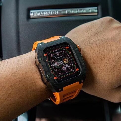 حالة ألياف الكربون الحزام الفاخر لـ Apple Watch 8 7 45 ملم تغطية الفلور من طقم Mod Fluorine لـ IWatch 6 5 4 SE 44 ملم سوار in Kuwait
