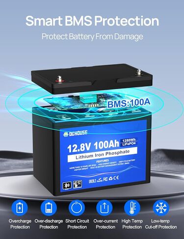 DC House 12v 100ah LifePo4 Lithium Battery ، Bluetooth & Low Temp Cut-Off ، مجموعة 31 ليثيوم بطارية ، ما يصل إلى 15000 دورة ، 100A BMS ، مثالي لمحركات التصيد ، البحرية ، القارب ، القارب in Kuwait