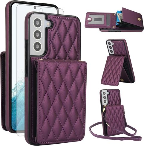 Phone Case for Samsung Galaxy S22 5G Wallet Cover with Tempered Glass Screen Protector Credit Slot Card Holder Crossbody Strap Stand RFID Blocking S 22 22S 4G G5 6.1 inch Women Men Girls Rose Gold in Saudi Arabia
