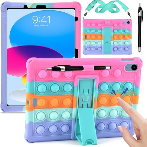 DETUOSI Silicone Case Compatible with iPad (A16) 11th Generation 11 Inch 2025, for iPad 10th Gen 10.9" Soft Case with Shoulder Strap & Stylus Pen, Multi-Viewing Angles, Dazzling Pink in Saudi Arabia