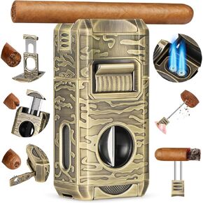 Cigar Lighter, 7-in-1 Cigar Lighter Set: Dual-Flame Windproof, Visual Gas Window Adjustment, Built-in Dual Punch, V-Cut, Flat Cut, Cigar Holder and Smoking Set, Gift for Men (No Butane) in Saudi Arabia