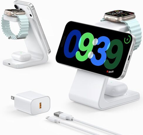 3 in 1 Wireless Charging Station for Apple Mag Safe Charger, 15W Fast Mag-Safe Charger Stand Compatible with iPhone 17 16 15 14 13 12, Apple Watch Charger & Airpods, Gifts for Wife & Husband, White in Kuwait
