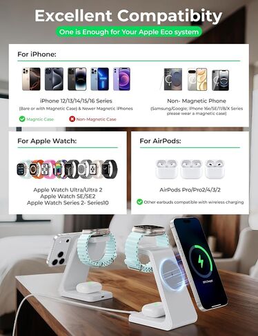 3 in 1 Wireless Charging Station for Apple Mag Safe Charger, 15W Fast Mag-Safe Charger Stand Compatible with iPhone 17 16 15 14 13 12, Apple Watch Charger & Airpods, Gifts for Wife & Husband, White in Kuwait
