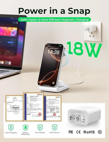 3 in 1 Wireless Charging Station for Apple Mag Safe Charger, 15W Fast Mag-Safe Charger Stand Compatible with iPhone 17 16 15 14 13 12, Apple Watch Charger & Airpods, Gifts for Wife & Husband, White in Kuwait