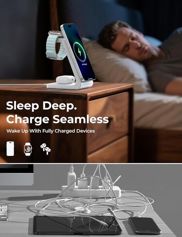 3 in 1 Wireless Charging Station for Apple Mag Safe Charger, 15W Fast Mag-Safe Charger Stand Compatible with iPhone 17 16 15 14 13 12, Apple Watch Charger & Airpods, Gifts for Wife & Husband, White in Kuwait