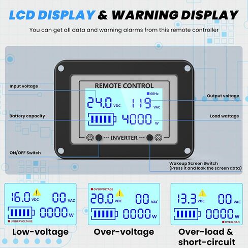 24V 3000W محول الموجة الجيبية النقية 24V DC إلى 110 فولت/120V AC مع منافذ 4AC ، 5V/3.4A USB ، التحكم عن بُعد مع شاشة على الشاشة ، عاكس الطاقة الشمسية خارج الشبكة للشاحنة ، المنزل ، المركبات ، RV in Kuwait