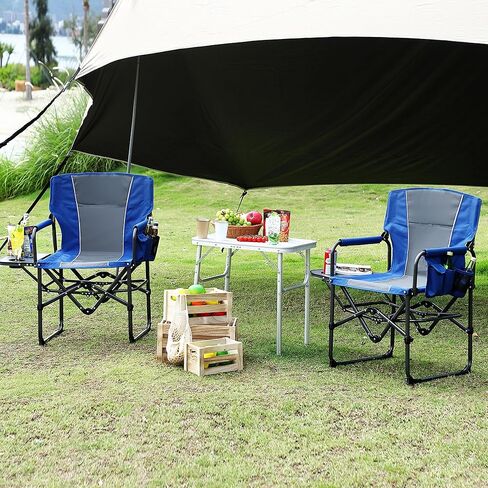 كرسي مديري التخييم الضخم - كرسيان شاقين من الألومنيوم القابل للطي مع حاملي الكأس - كرسي في الحديقة المحمولة مع طاولة جانبية وجيب للبالغين والشاطئ وصيد الأسماك والنزهة - الأسود in Kuwait