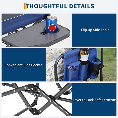 كرسي مديري التخييم الضخم - كرسيان شاقين من الألومنيوم القابل للطي مع حاملي الكأس - كرسي في الحديقة المحمولة مع طاولة جانبية وجيب للبالغين والشاطئ وصيد الأسماك والنزهة - الأسود in Kuwait