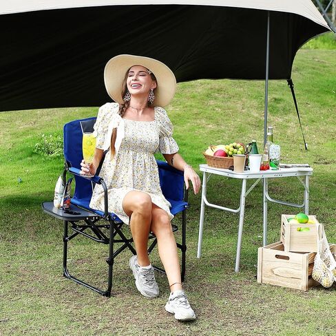 كرسي مديري التخييم الضخم - كرسيان شاقين من الألومنيوم القابل للطي مع حاملي الكأس - كرسي في الحديقة المحمولة مع طاولة جانبية وجيب للبالغين والشاطئ وصيد الأسماك والنزهة - الأسود in Kuwait