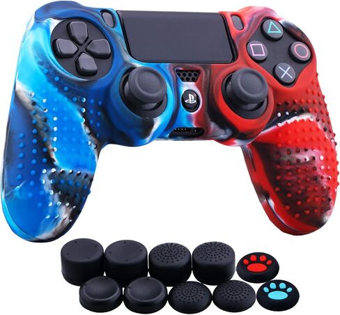 YoRHa Studded Dots Silicone Rubber Gel Customizing Cover for Sony PS4/slim/Pro Dualshock 4 Controller x 1(Camou Red&Blue) with Pro Thumb Grips x 10 in Saudi Arabia