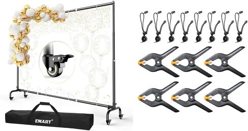 EMART Backdrop Stand with Wheels - 10x7.5ft(WxH) - Moveable Banner Holder, 4.5 inch Heavy Duty Backdrop Clamp Kit-6 Spring Clamps for Parties Decoration, Photography Sturdy Background Frame in Saudi Arabia