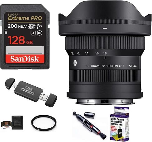 Sigma 10-18mm f/2.8 DC DN Contemporary Lens for FUJIFILM X Bundle, Includes: SanDisk 128GB Extreme PRO SDXC Memory Card, UV Protection Filter, Lens Cleaning Kit and More (7 Items) in Saudi Arabia