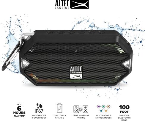 Altec Lansing - مكبر صوت Bluetooth Wiramini اللاسلكي ، بطارية IP67 مقاومة للماء USB C مع 6 ساعات من اللعب ، مضغوط ، مقاوم للصدمات ، مقاوم للثلوج ، كل شيء دليل (أسود) in Saudi Arabia