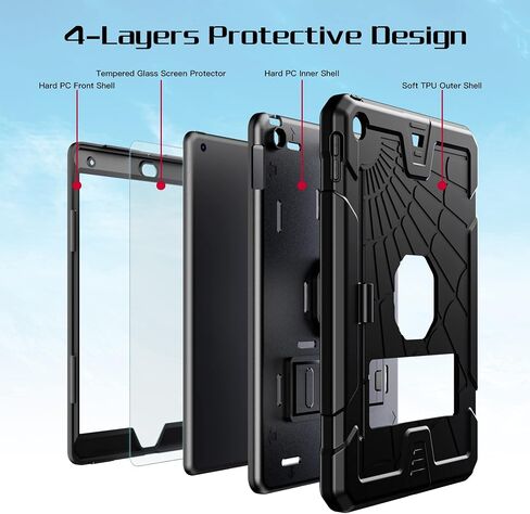 Bundle of iPad 9th Generation Case 2021 and Glass Screen Protector | iPad 10.2 Case for Kids 8th 7th Generation w/Pencil Holder & Stand | Heavy Duty Drop Proof Cover for iPad 9th 8th 7th Gen | Black in Kuwait