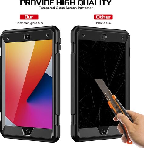 Bundle of iPad 9th Generation Case 2021 and Glass Screen Protector | iPad 10.2 Case for Kids 8th 7th Generation w/Pencil Holder & Stand | Heavy Duty Drop Proof Cover for iPad 9th 8th 7th Gen | Black in Kuwait