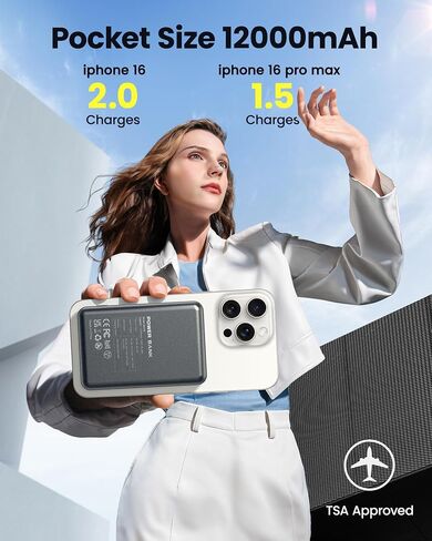 للحصول على Magsafe Battery Pack 12000mAh Bank Bank Magnetic Bank شاحن محمول USB C 20W شحن سريع الشاحن اللاسلكي الضروري لـ iPhone 16/15/14/13/12 Series Gray in Kuwait