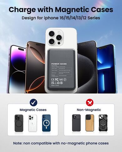 للحصول على Magsafe Battery Pack 12000mAh Bank Bank Magnetic Bank شاحن محمول USB C 20W شحن سريع الشاحن اللاسلكي الضروري لـ iPhone 16/15/14/13/12 Series Gray in Kuwait