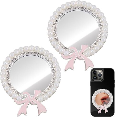 Sunnyclue 1 Box 2PCS Mirror Secal Phone Pocket Pocket Mirror Silver 6cm Case Makeup Case Rhinestons عصا القوس الوردي على ظهر سحر الهاتف مع شريط مزدوج للهاتف الذكي in Saudi Arabia
