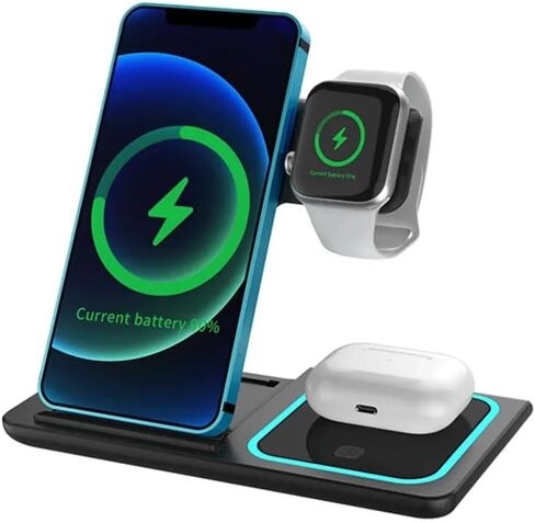 محطة شحن لاسلكية قابلة للطي 3 في 1-15W شاحن سريع لـ iPhone 16-12 Pro/Max ، Apple Watch Ultra 2-9/SE ، Airpods Pro 2/3 ، لـ Samsung S/Note-مع محول 20W USB-C ، FCC/CE-أسود-أسود in Saudi Arabia