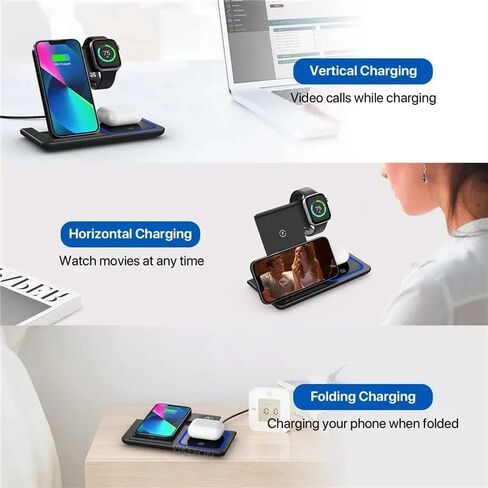 محطة شحن لاسلكية قابلة للطي 3 في 1-15W شاحن سريع لـ iPhone 16-12 Pro/Max ، Apple Watch Ultra 2-9/SE ، Airpods Pro 2/3 ، لـ Samsung S/Note-مع محول 20W USB-C ، FCC/CE-أسود-أسود in Saudi Arabia