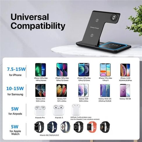 محطة شحن لاسلكية قابلة للطي 3 في 1-15W شاحن سريع لـ iPhone 16-12 Pro/Max ، Apple Watch Ultra 2-9/SE ، Airpods Pro 2/3 ، لـ Samsung S/Note-مع محول 20W USB-C ، FCC/CE-أسود-أسود in Saudi Arabia