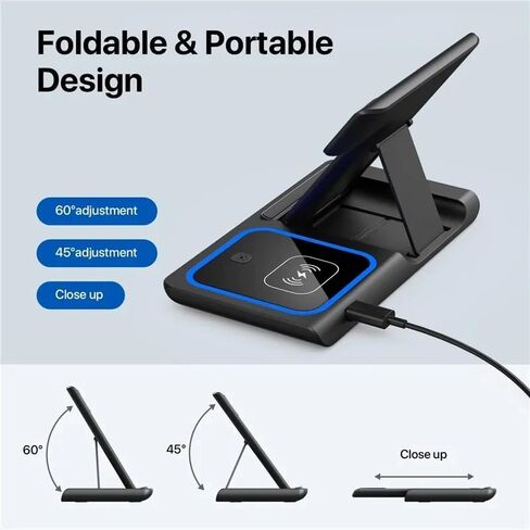 محطة شحن لاسلكية قابلة للطي 3 في 1-15W شاحن سريع لـ iPhone 16-12 Pro/Max ، Apple Watch Ultra 2-9/SE ، Airpods Pro 2/3 ، لـ Samsung S/Note-مع محول 20W USB-C ، FCC/CE-أسود-أسود in Saudi Arabia