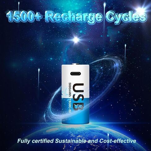 Rechargeable C Batteries 4 Pack, 5000mWh 1.5V Lithium C Cell Batteries with USB-C 4-in-1 Charging Cable, 1500+ Cycles, LR14 Long-Lasting Batteries for Flashlights, Toys, Radios in Saudi Arabia