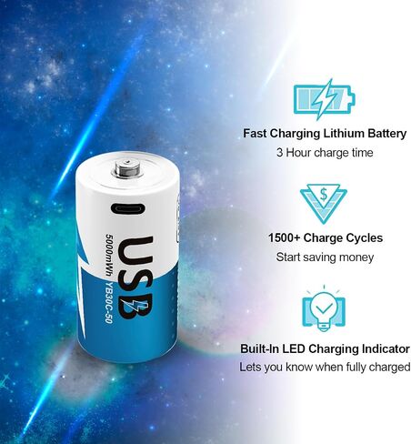 Rechargeable C Batteries 4 Pack, 5000mWh 1.5V Lithium C Cell Batteries with USB-C 4-in-1 Charging Cable, 1500+ Cycles, LR14 Long-Lasting Batteries for Flashlights, Toys, Radios in Saudi Arabia