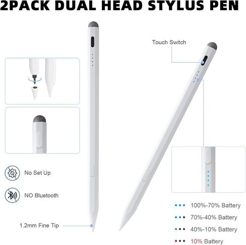 Pens Pen for iPad Pencil 11th A16/10th Gen ، 2Pack Active Ipad Pen Charing Fast Charing ، iPadpencil Pro لعام 2018-2025 ipad11 A16/10/9/8/7/6 ، ipadpro 13 "/11" /12.9/M4 ، iPadair 6/5/3 ، ipadmini 7 A17 PRO in Kuwait