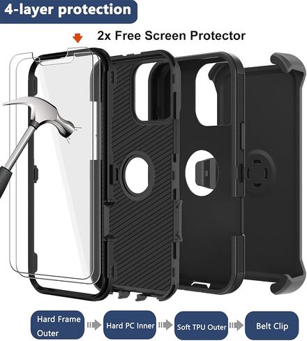 RubCase for iPhone 16 Pro Phone Case,Military Grade Drop Protection Cell Phone Cover with Belt Clip Holster Stand,Screen Protector x2 Rugged Shockproof Kickstand for iPhone 16 Pro Case 6.3" (Black) in Saudi Arabia