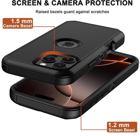 RubCase for iPhone 16 Pro Phone Case,Military Grade Drop Protection Cell Phone Cover with Belt Clip Holster Stand,Screen Protector x2 Rugged Shockproof Kickstand for iPhone 16 Pro Case 6.3" (Black) in Saudi Arabia