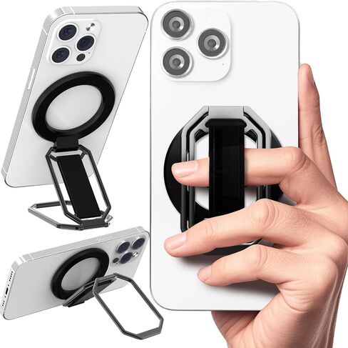 (2025 Newest) 4-in-1 Magnetic Phone Grip Stand for MagSafe with Finger Strap Loop, Removable Ring Holder for iPhone 16 Pro Max 15 14 13 12, Kickstand for Hands-Free View at Home Work Travel - Black in Saudi Arabia