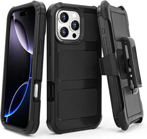 Defender Series for iPhone 15 Pro Max Case with Belt Clip Holster, 360°Rotating Kickstand, Heavy Duty Protection Phone Case, Non Slip Textured Back, Rugged & Durable, Black in Saudi Arabia